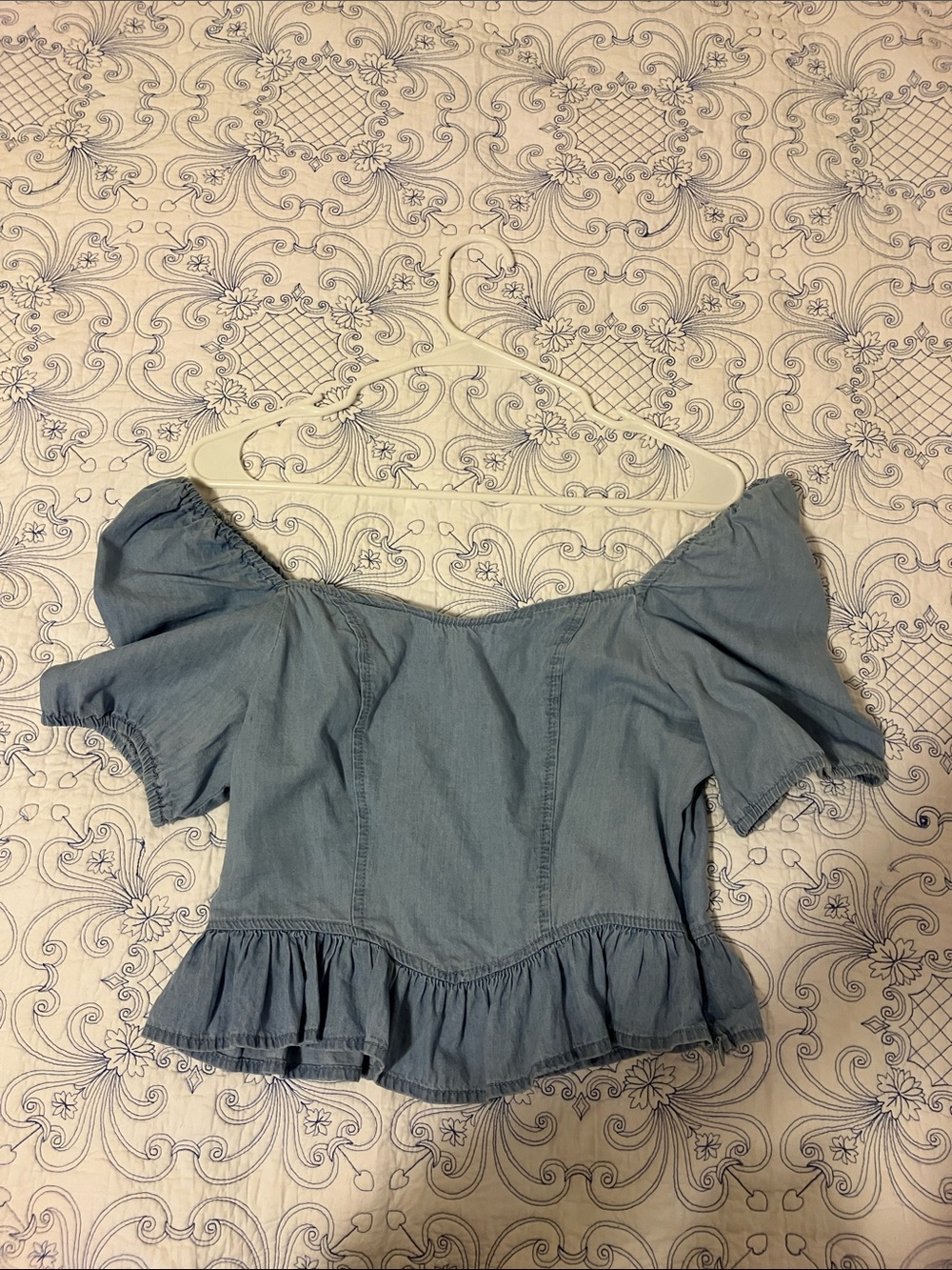New Mix Light Blue Off-Shoulder Ruffle Crop Top